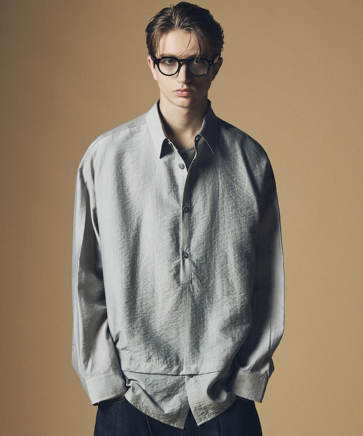 【12月上旬お届け予約商品】リネンブレンド スタンドカラー プルオーバーシャツ