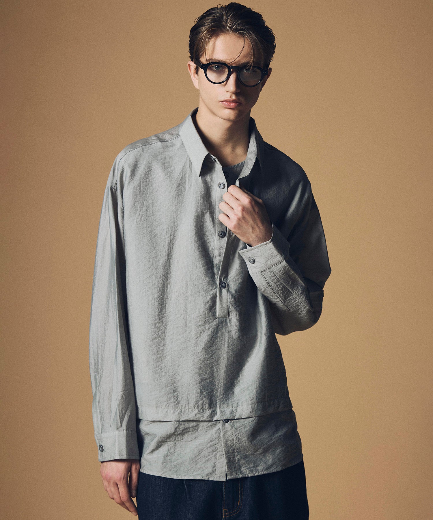 【12月上旬お届け予約商品】リネンブレンド スタンドカラー プルオーバーシャツ