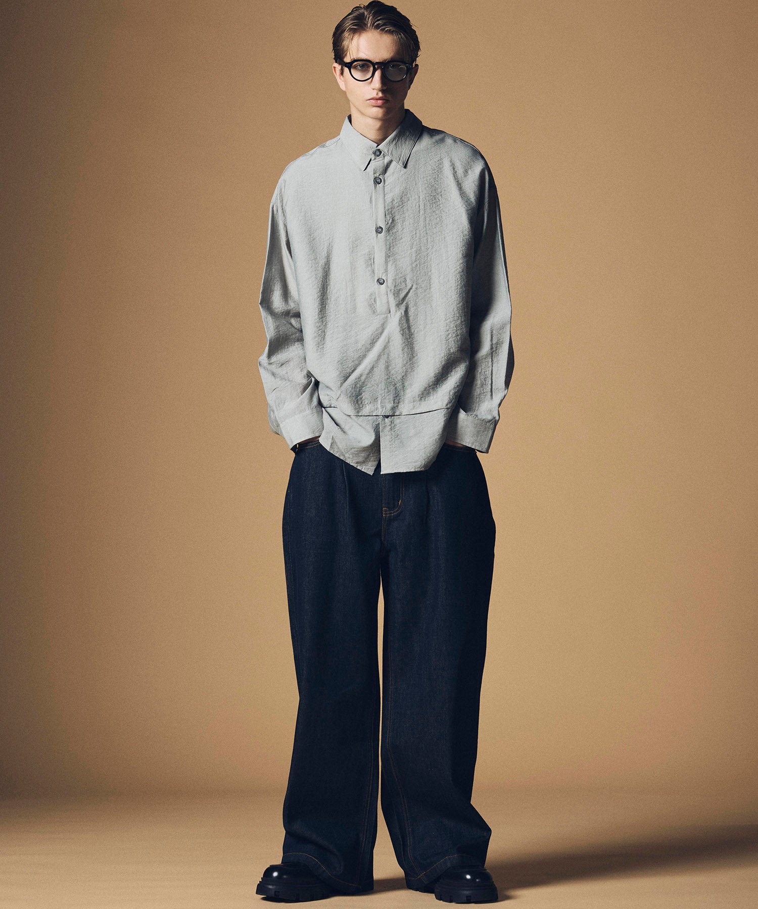 【12月上旬お届け予約商品】リネンブレンド スタンドカラー プルオーバーシャツ