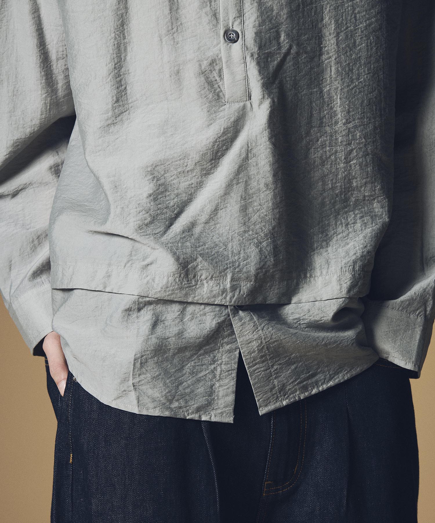 【12月上旬お届け予約商品】リネンブレンド スタンドカラー プルオーバーシャツ