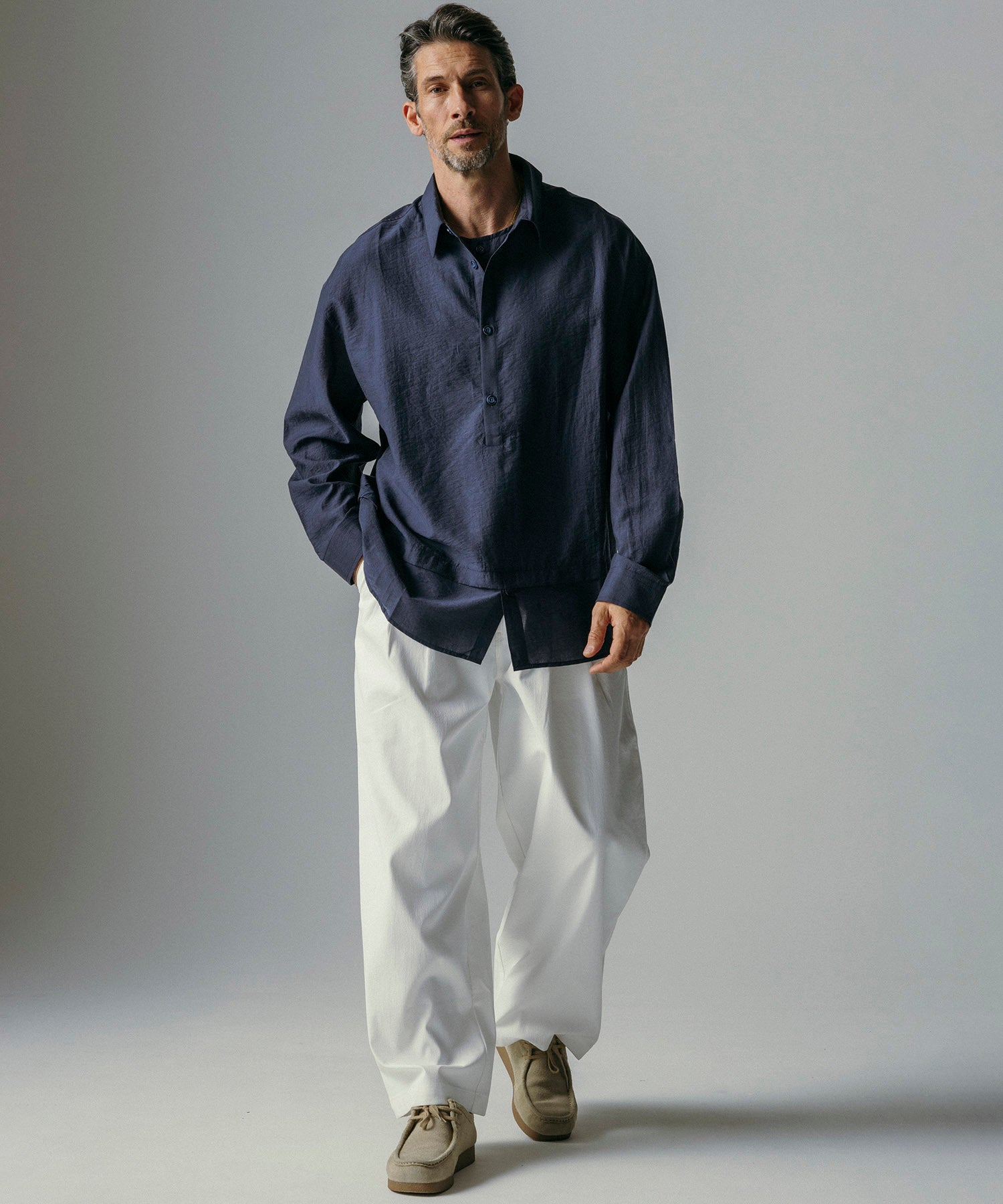 【12月上旬お届け予約商品】リネンブレンド スタンドカラー プルオーバーシャツ