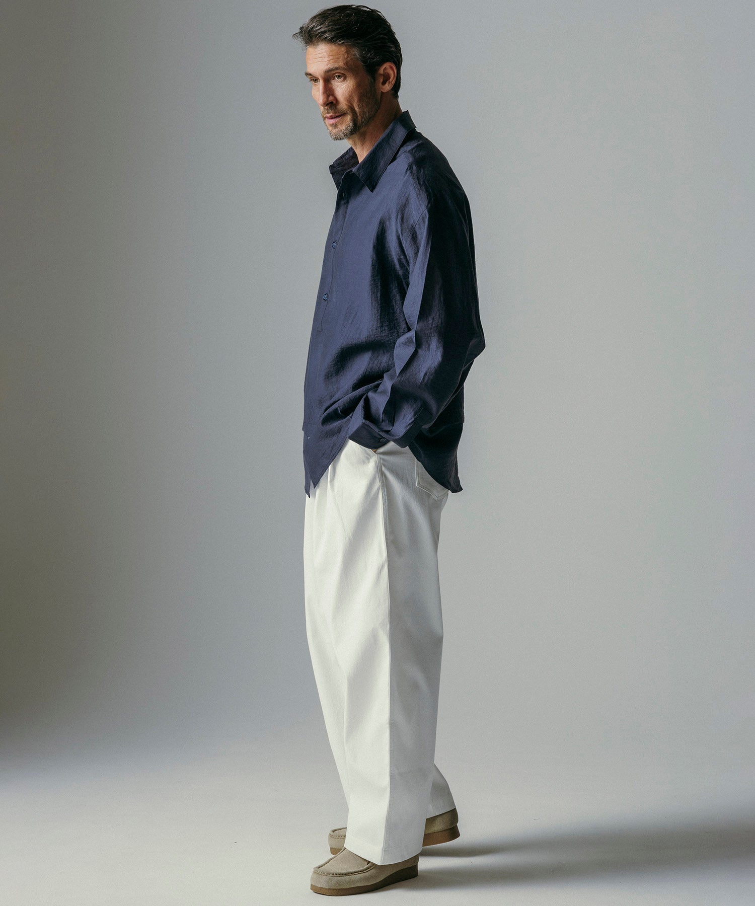 【12月上旬お届け予約商品】リネンブレンド スタンドカラー プルオーバーシャツ