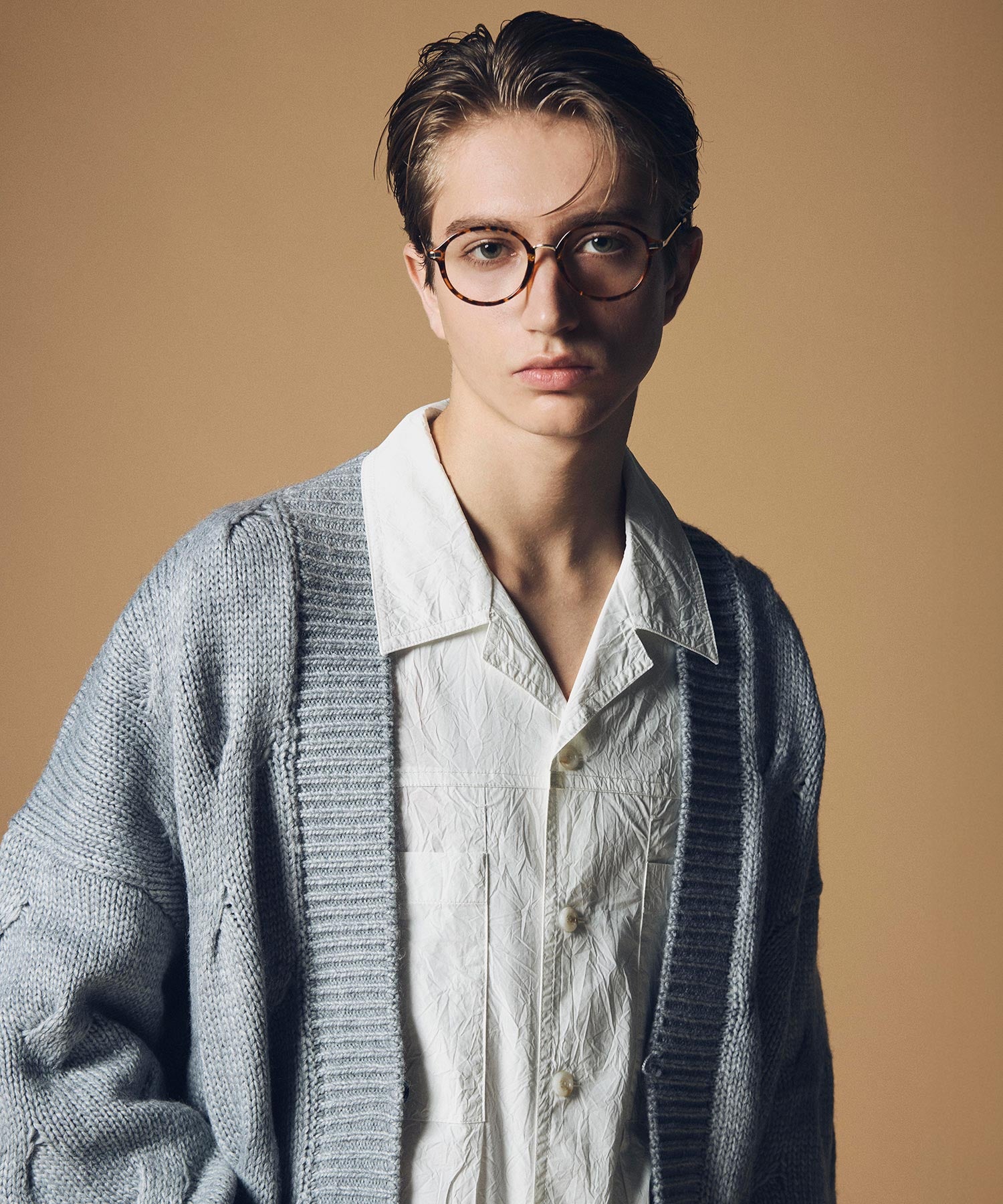 コットンブレンド 開襟長袖シャツ