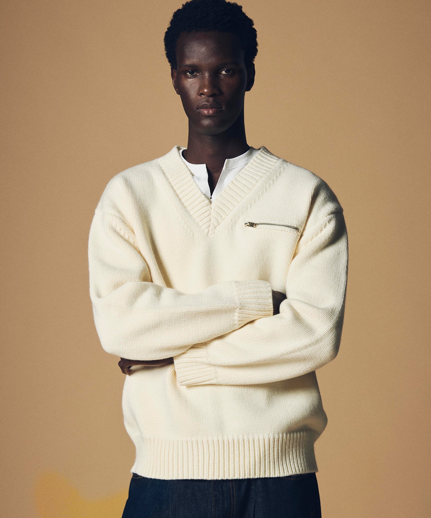 畦編み Vネック ジップアップニットプルオーバー