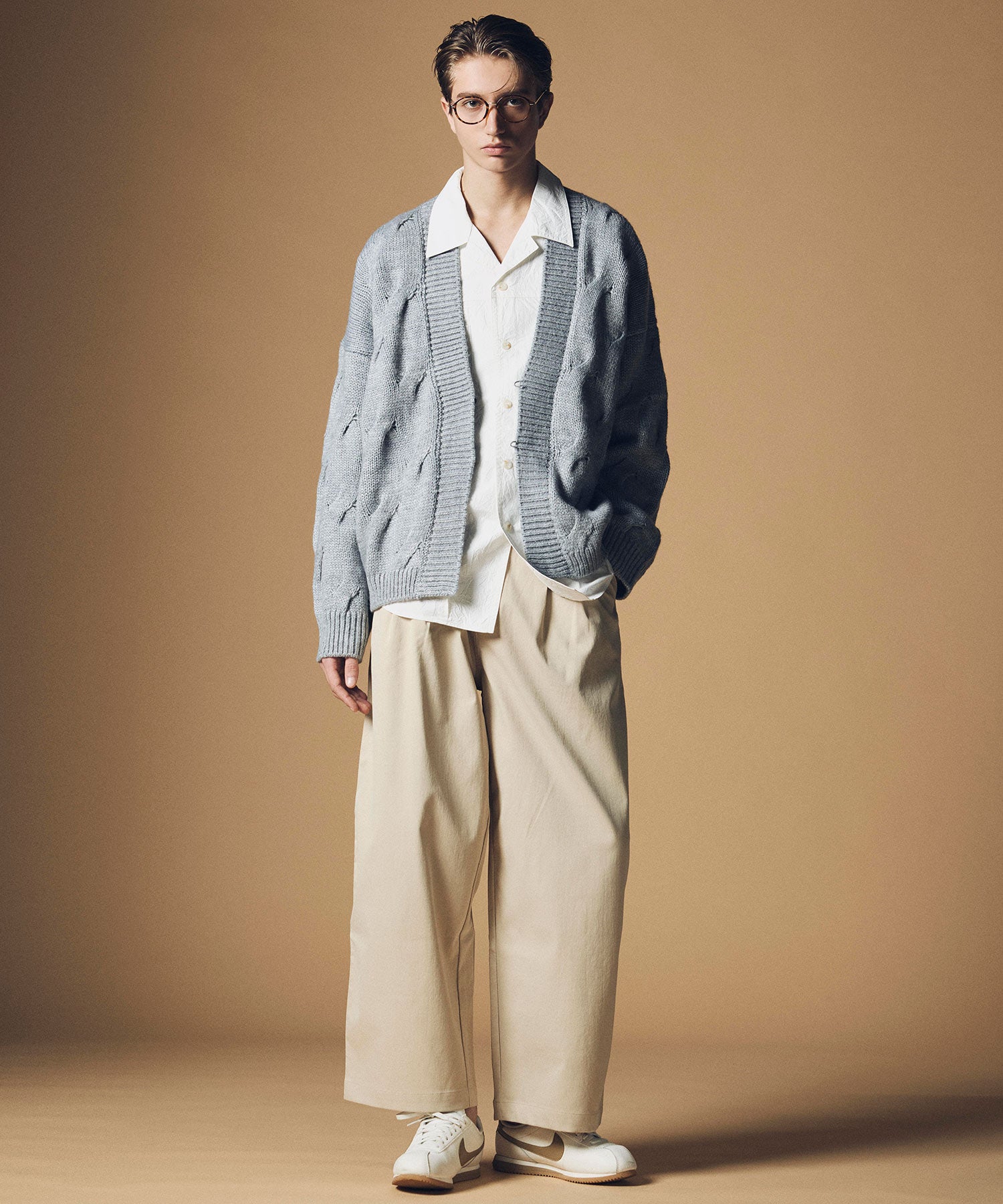 コットンブレンド 開襟長袖シャツ