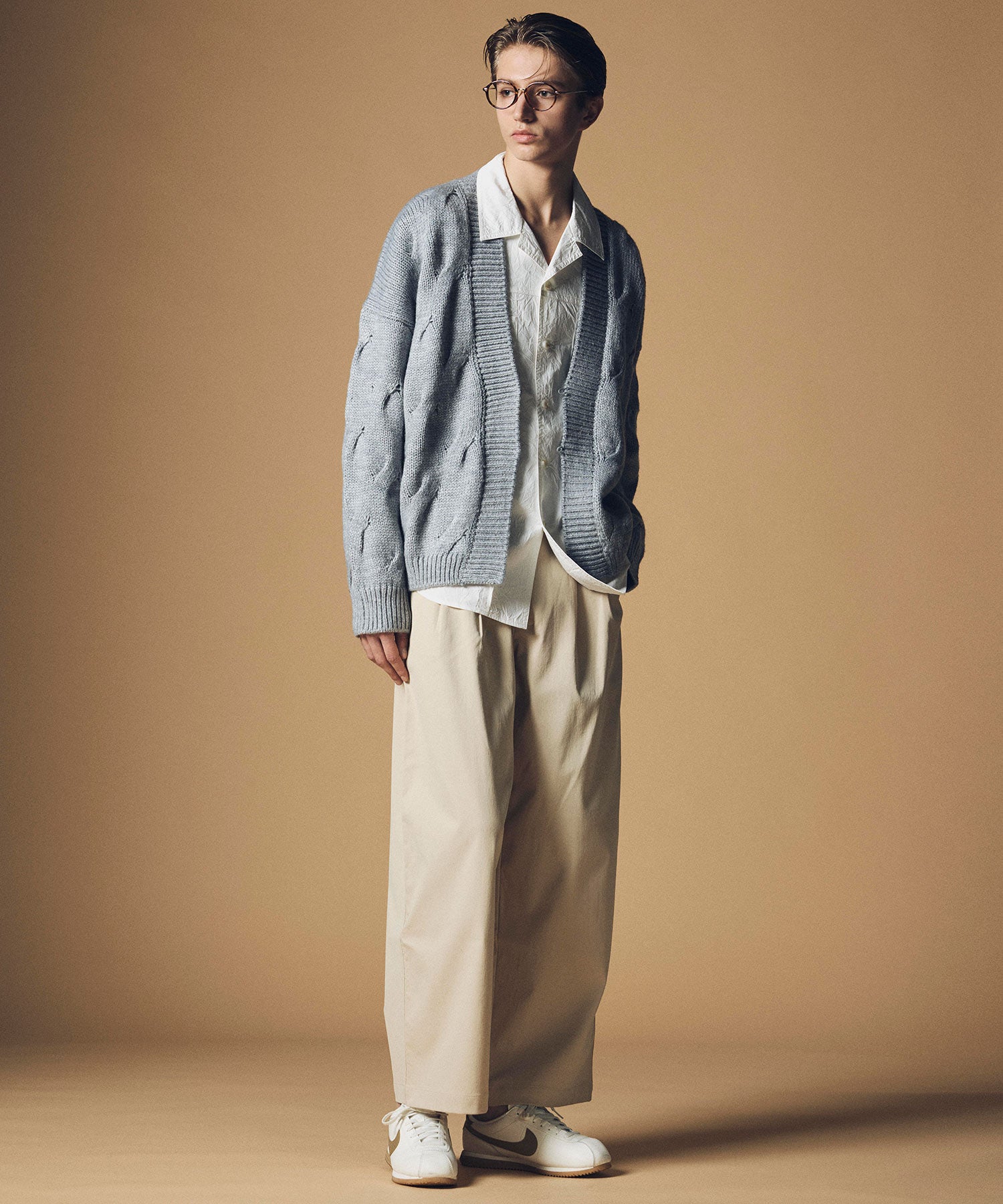 コットンブレンド 開襟長袖シャツ