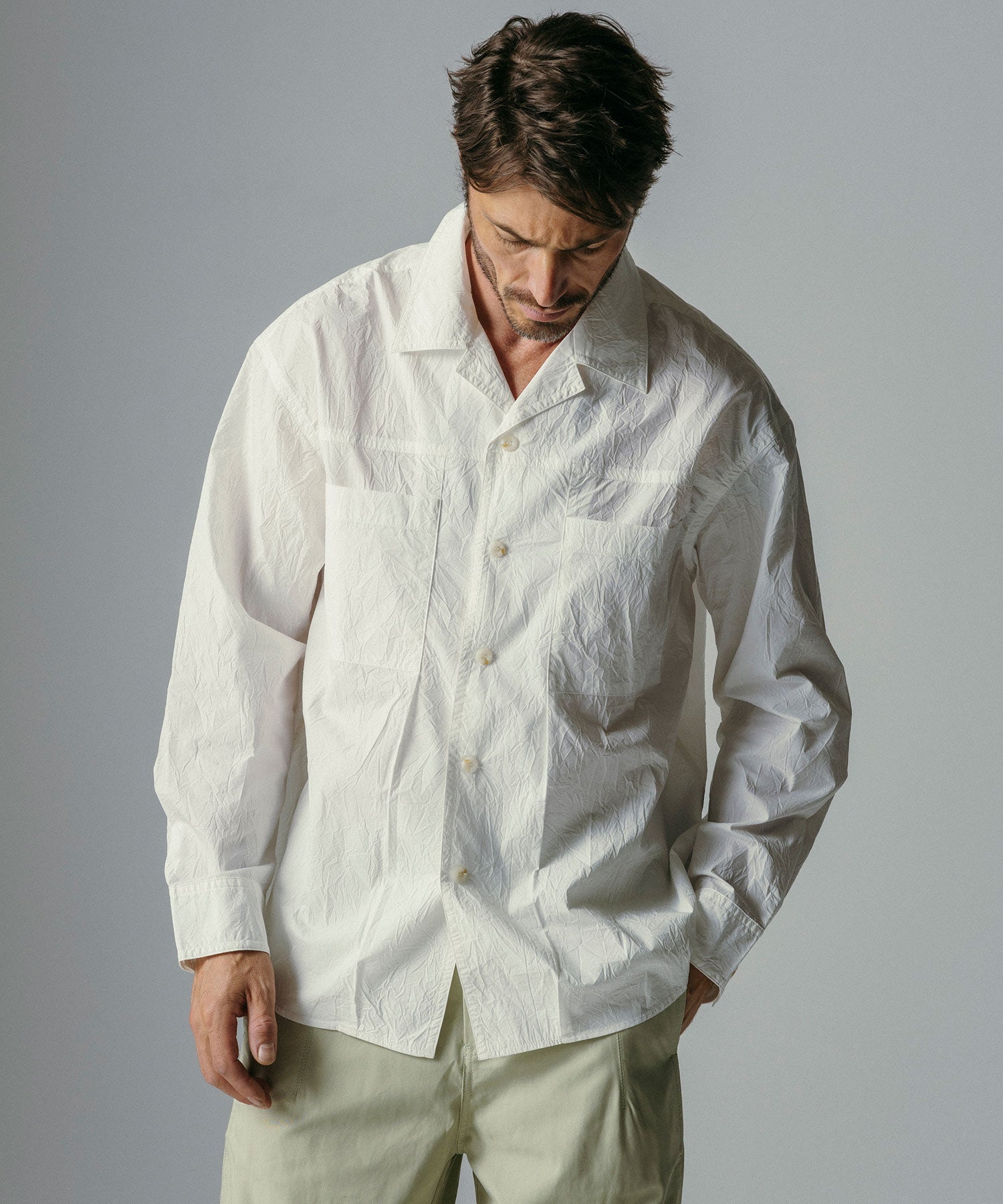 コットンブレンド 開襟長袖シャツ