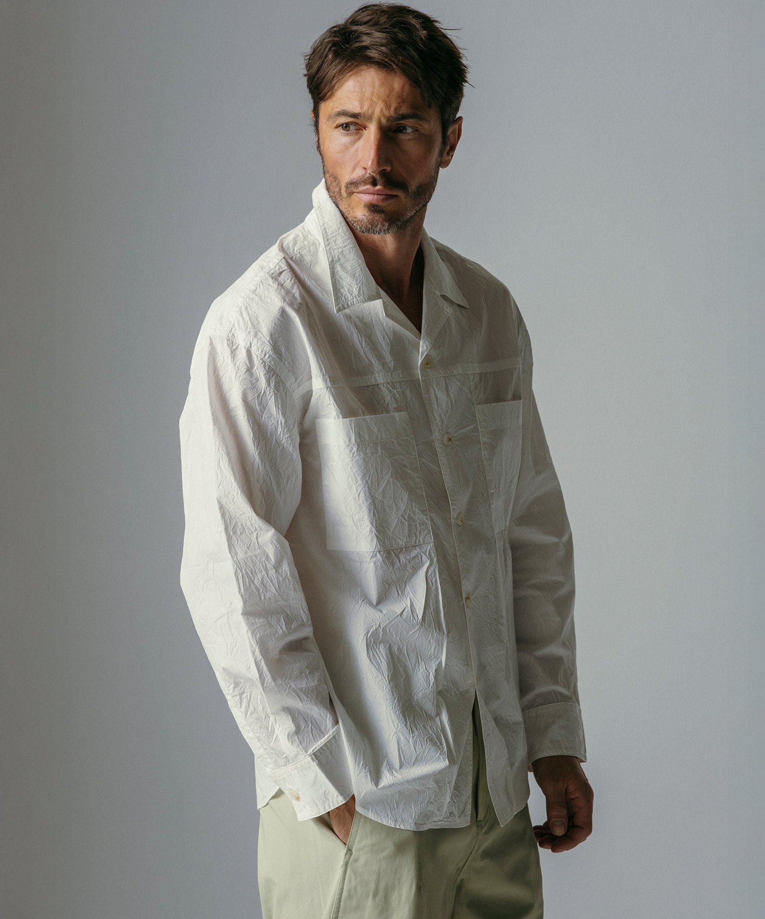 コットンブレンド 開襟長袖シャツ