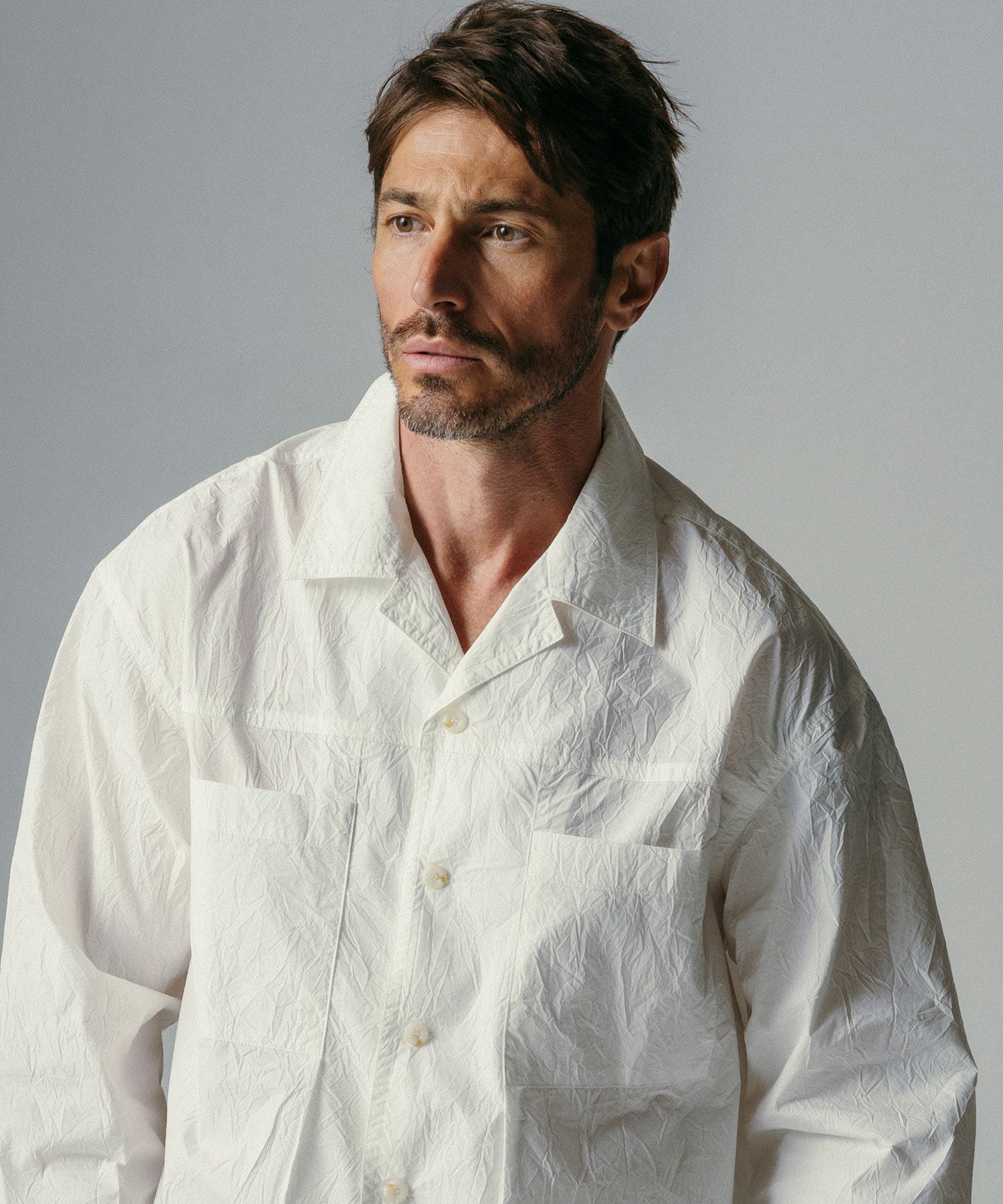 コットンブレンド 開襟長袖シャツ